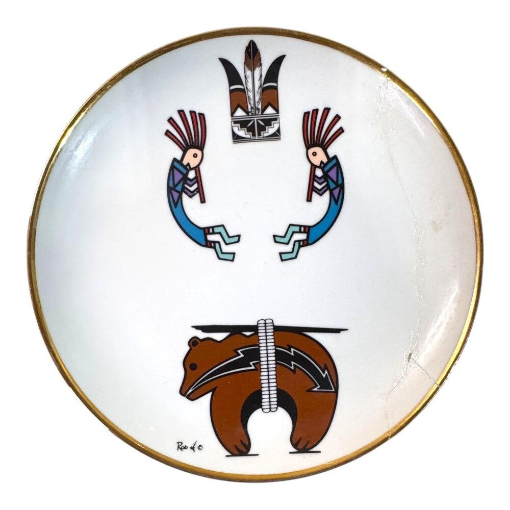 Native American Pottery Fetish Bear Decorative Plate & Kokopelli 8" By Rob READ